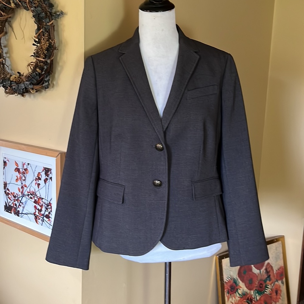 TALBOTS Size 12P Classic Blazer Brown Gray Brass Logo Buttons Career $198 NEW
